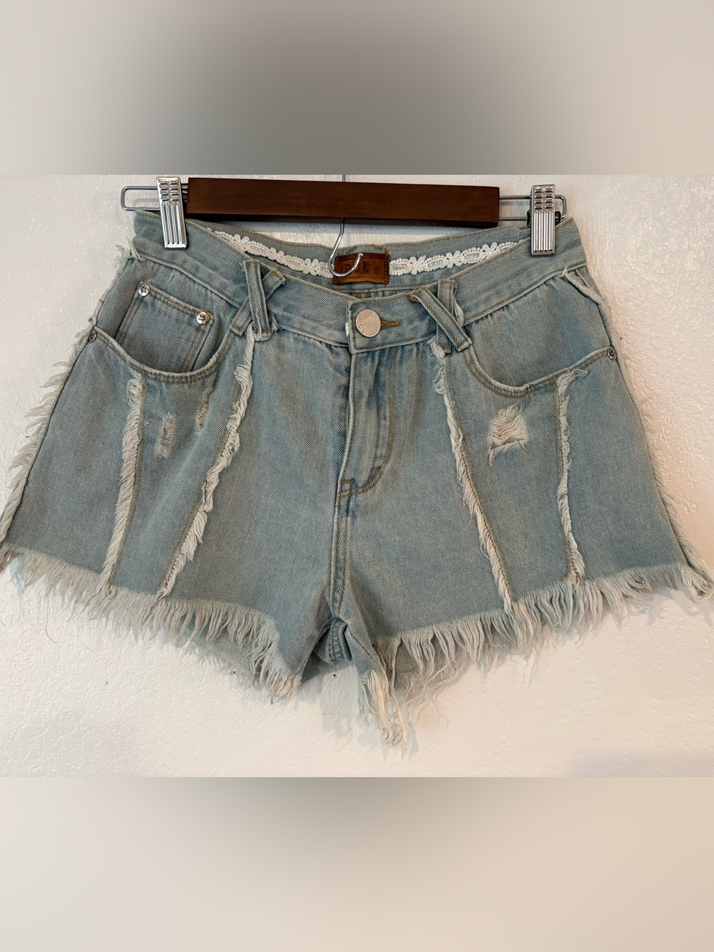 POL Light Blue Distressed Frayed Hem Denim Shorts